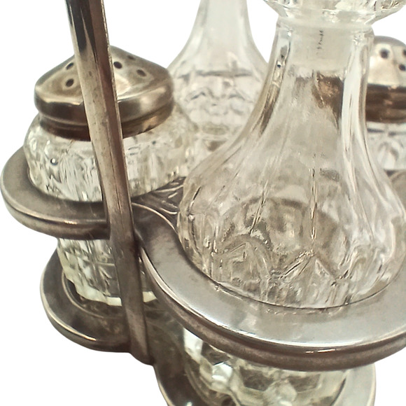 VTG Leonard Sheffield Silver Plate Crystal Caddy Salt Pepper Cruets Vinegar Oil - Picture 13 of 16